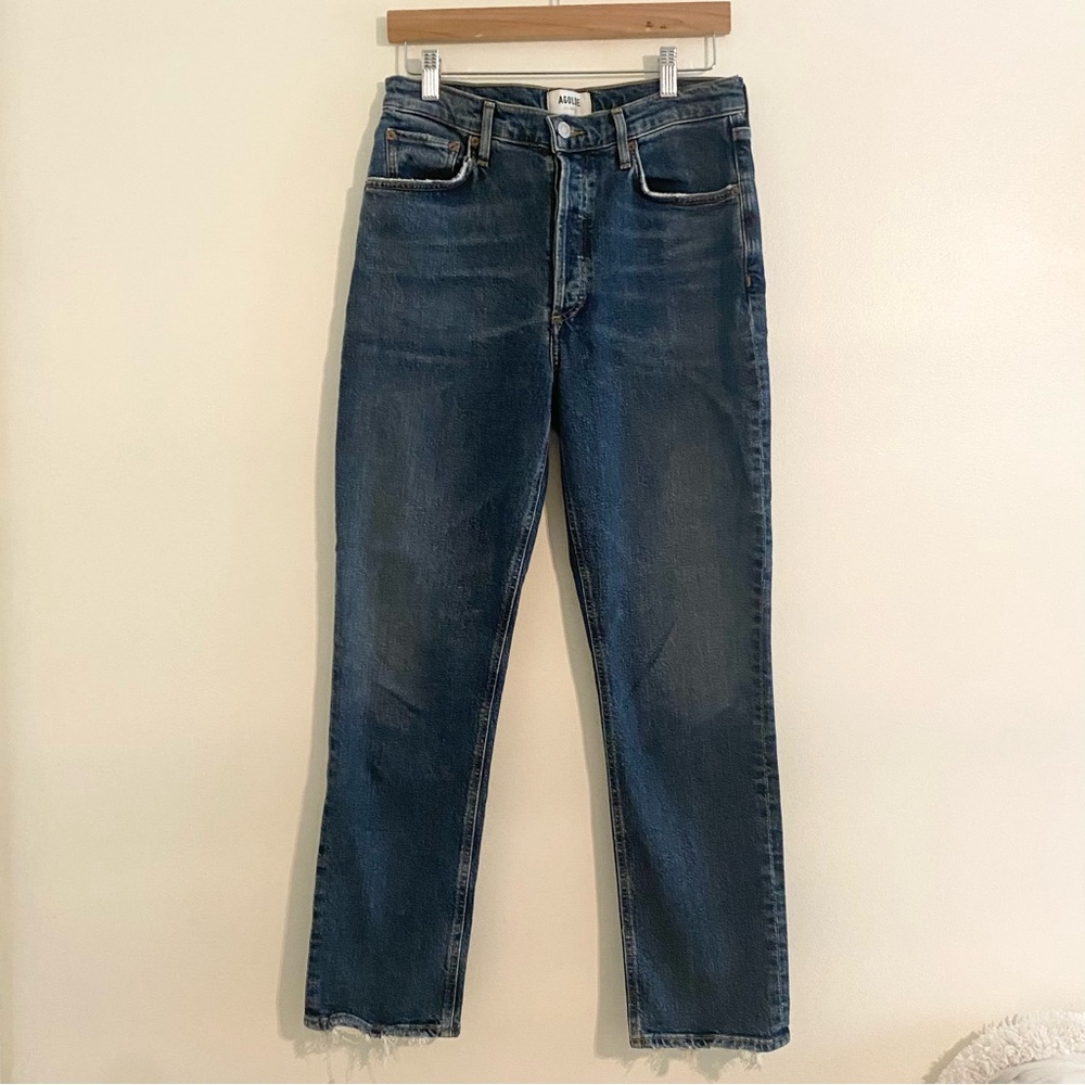 Agolde High Rise Medium Wash Distressed Hem Jean Size 27